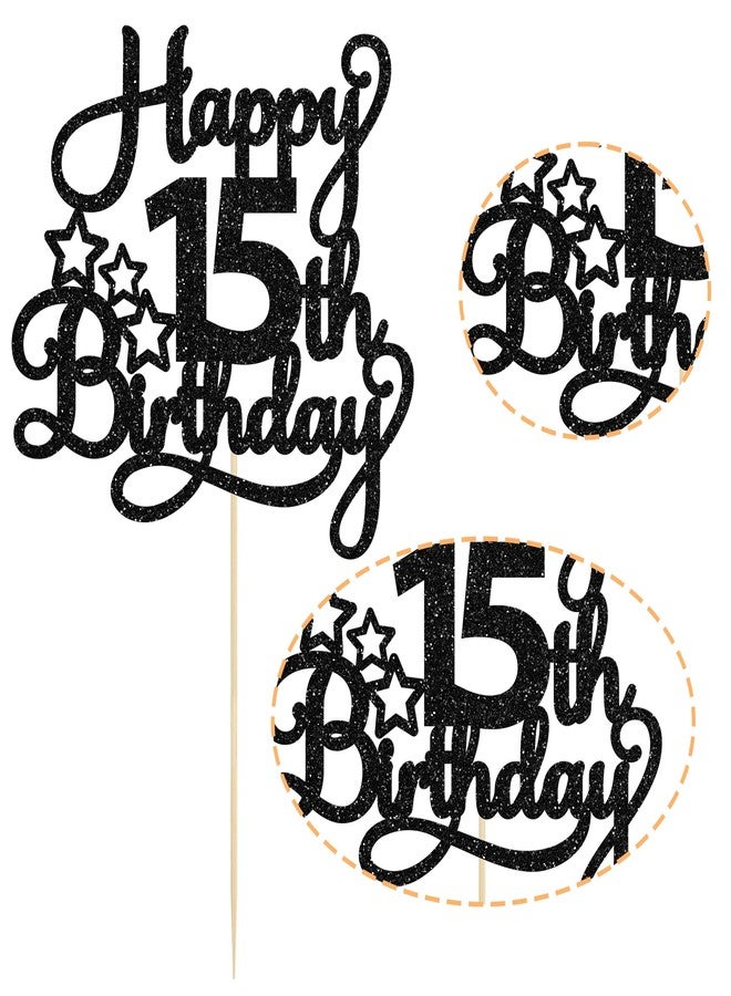 Ephlyn 1 Pack Happy 15th Birthday Cake Topper Black Glitter Mis Quince 15 Cheers to 15 Years Old Birthday Cake Pick for Celebrating 15th Birthday Anniversary Party Cake Decorations Supplies - Image 3